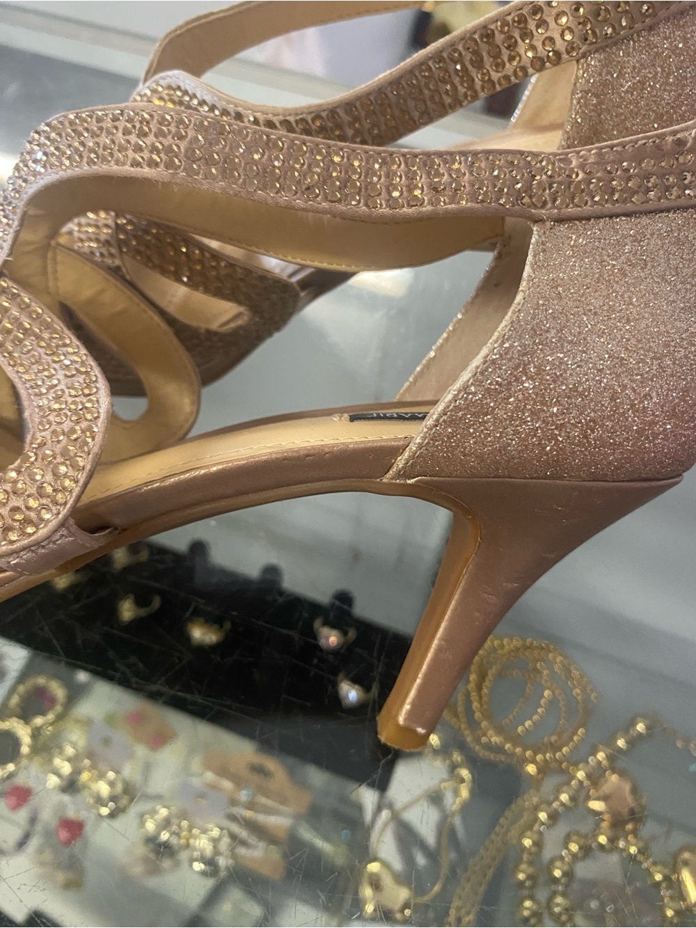 Alex Marie Champagne Glitter Rhinestone Strappy Heels - Picture 2 of 4